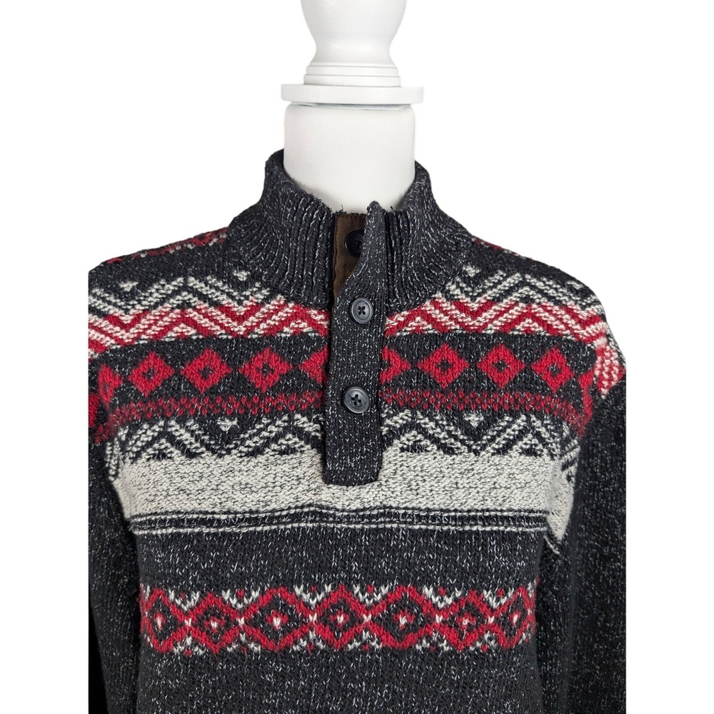 Chaps Sweater Mens‎ Black Red Aztec Henley Pullover Knit Cotton Size XL Cozy